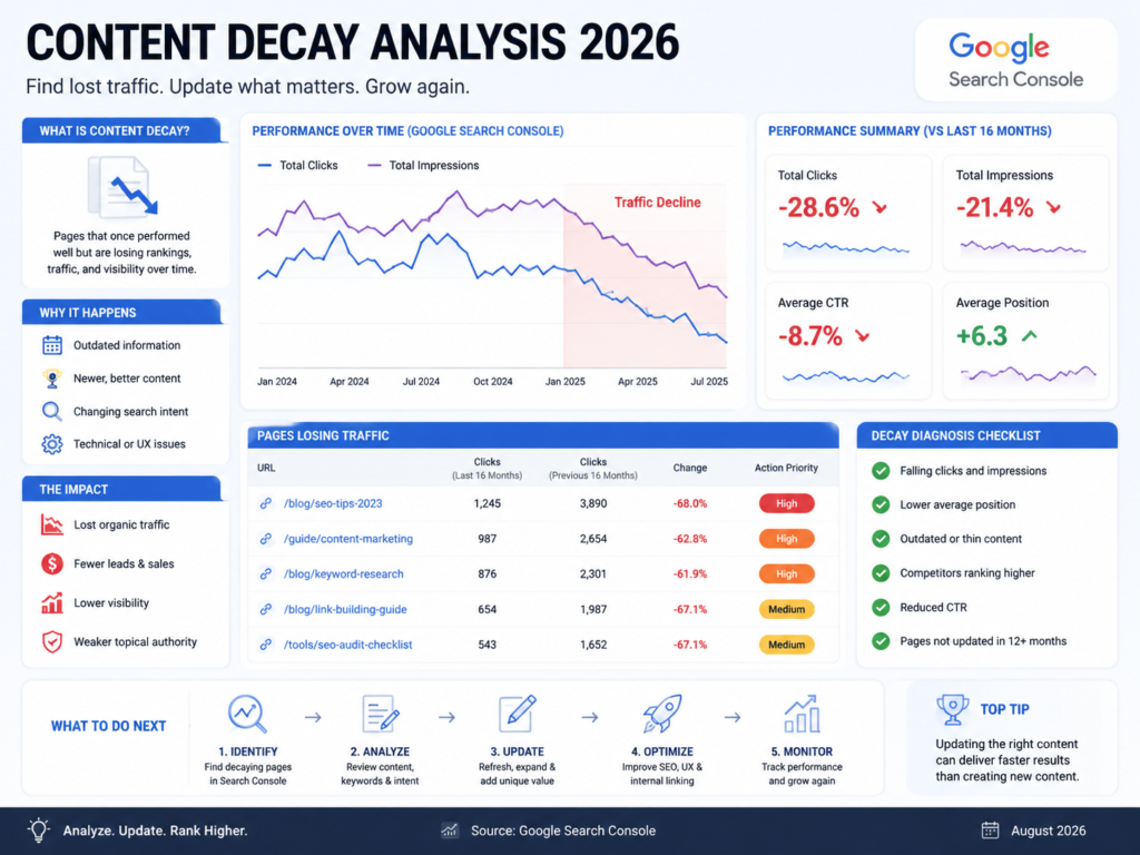 Content decay SEO analysis for updating old blog posts for SEO