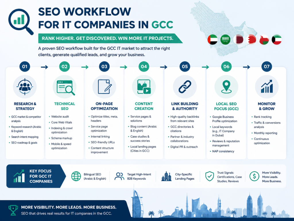 Step-by-step SEO for IT companies workflow for GCC service pages in Saudi Arabia, UAE, and Qatar