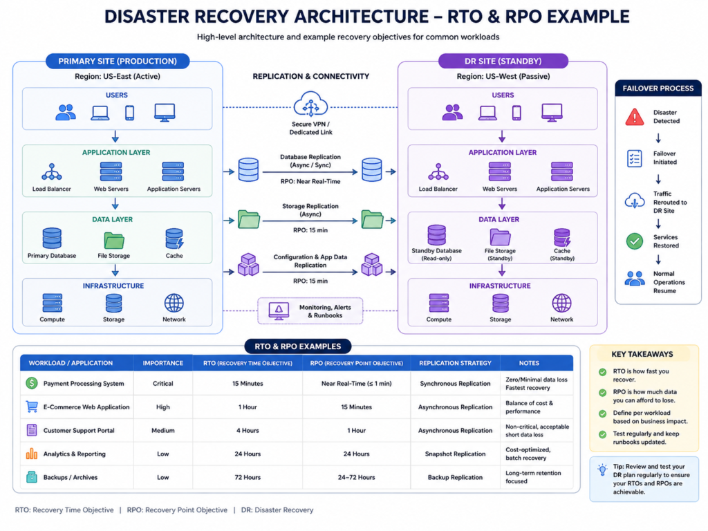 Disaster recovery architecture RTO and RPO timeline explained