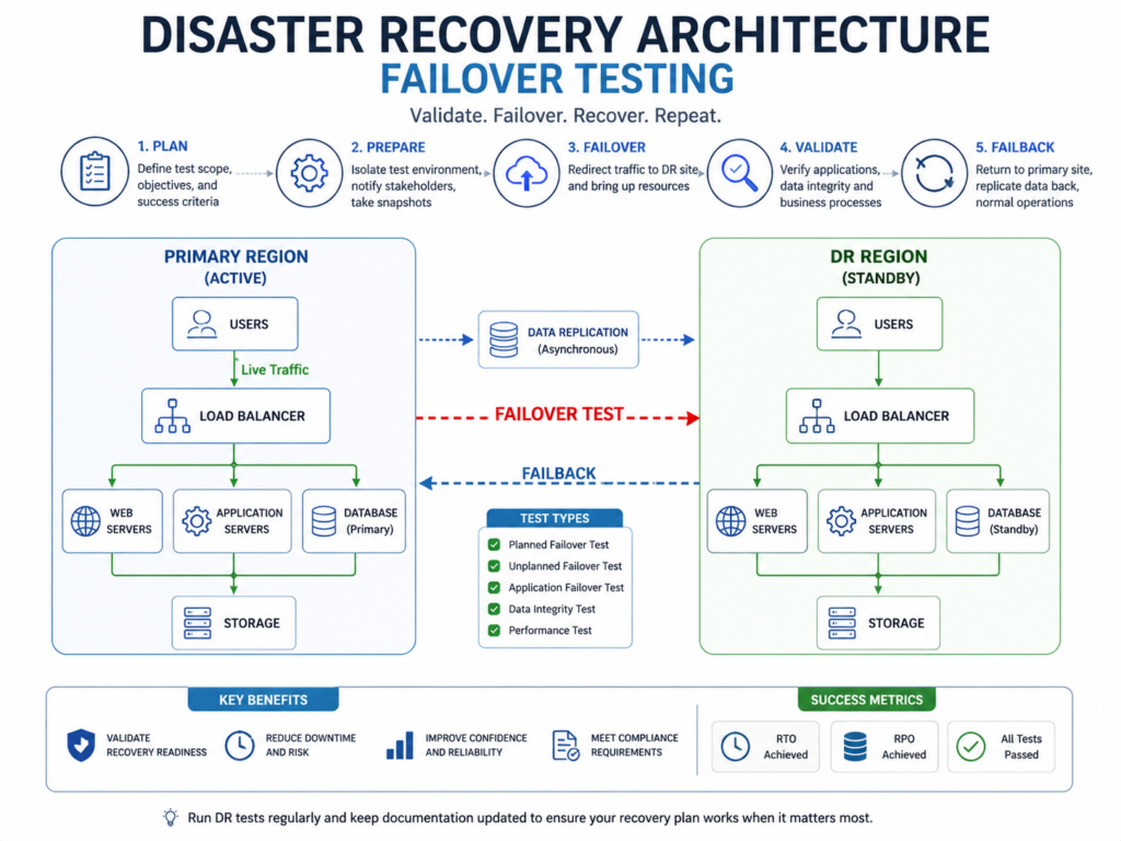Disaster recovery architecture testing, failover and failback workflow