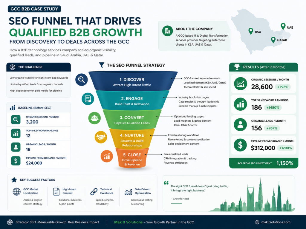B2B service provider Saudi Arabia SEO funnel using GCC case studies and local proof