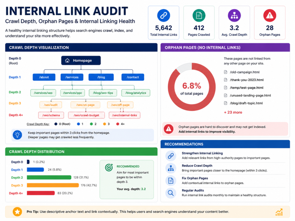 Internal linking best practices audit for crawl depth, broken links and orphan pages