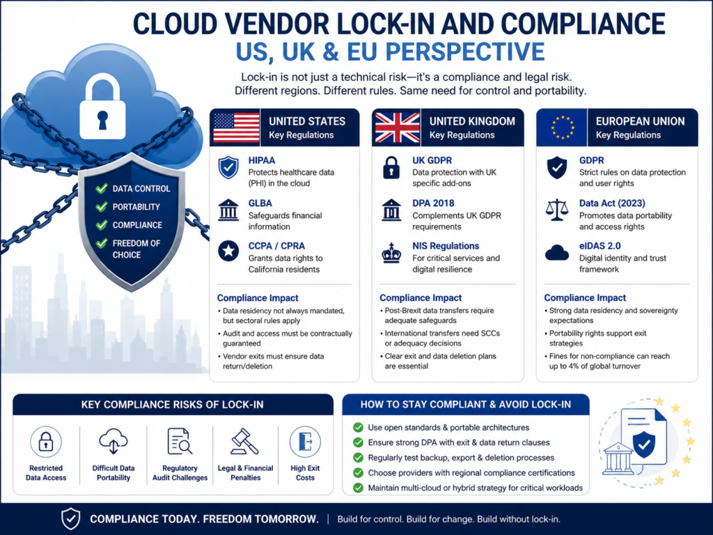 Cloud vendor lock-in compliance considerations in the US UK and EU