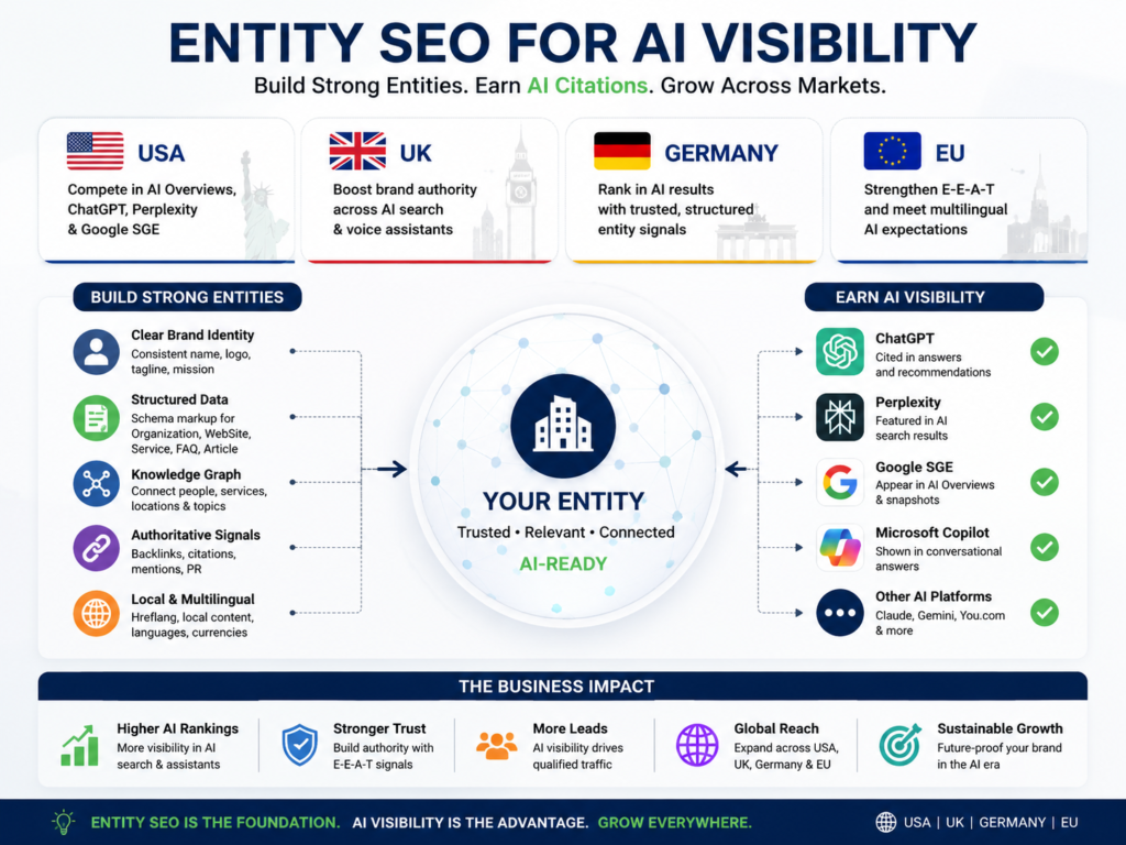Entity SEO strategy for AI visibility across the USA, UK, Germany and EU