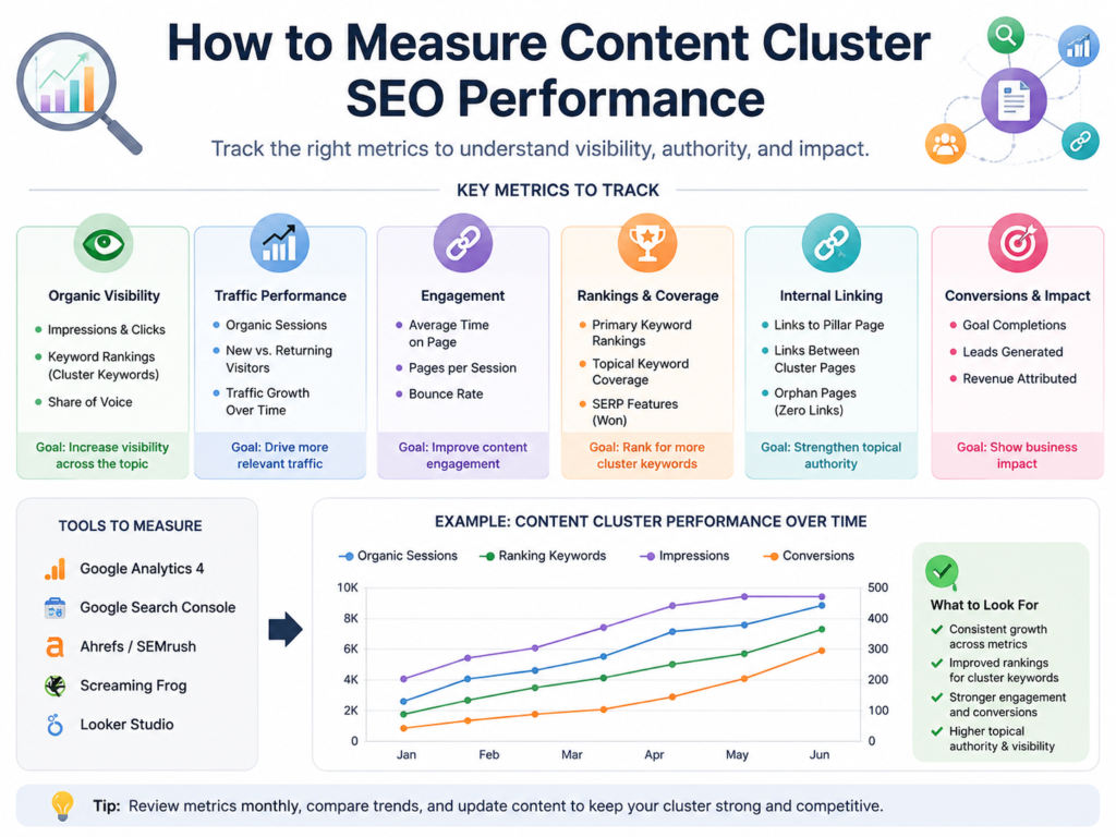 Measuring topic clusters for SEO rankings engagement and conversions