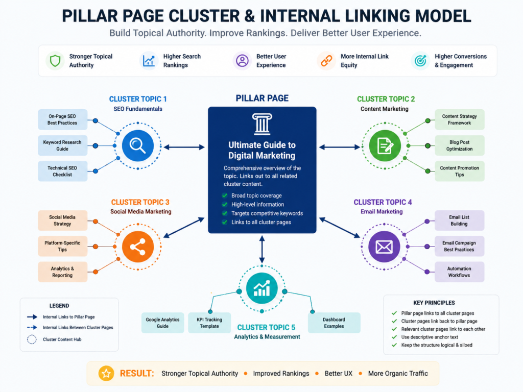 Topic clusters for SEO pillar page and internal linking model