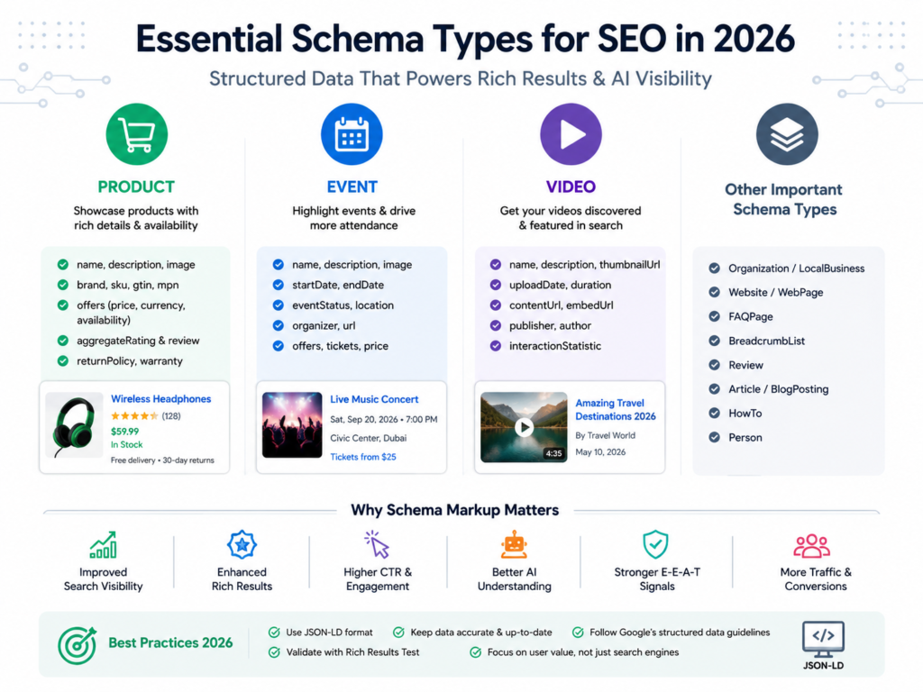 Important schema markup SEO types for Product, Event and VideoObject in 2026