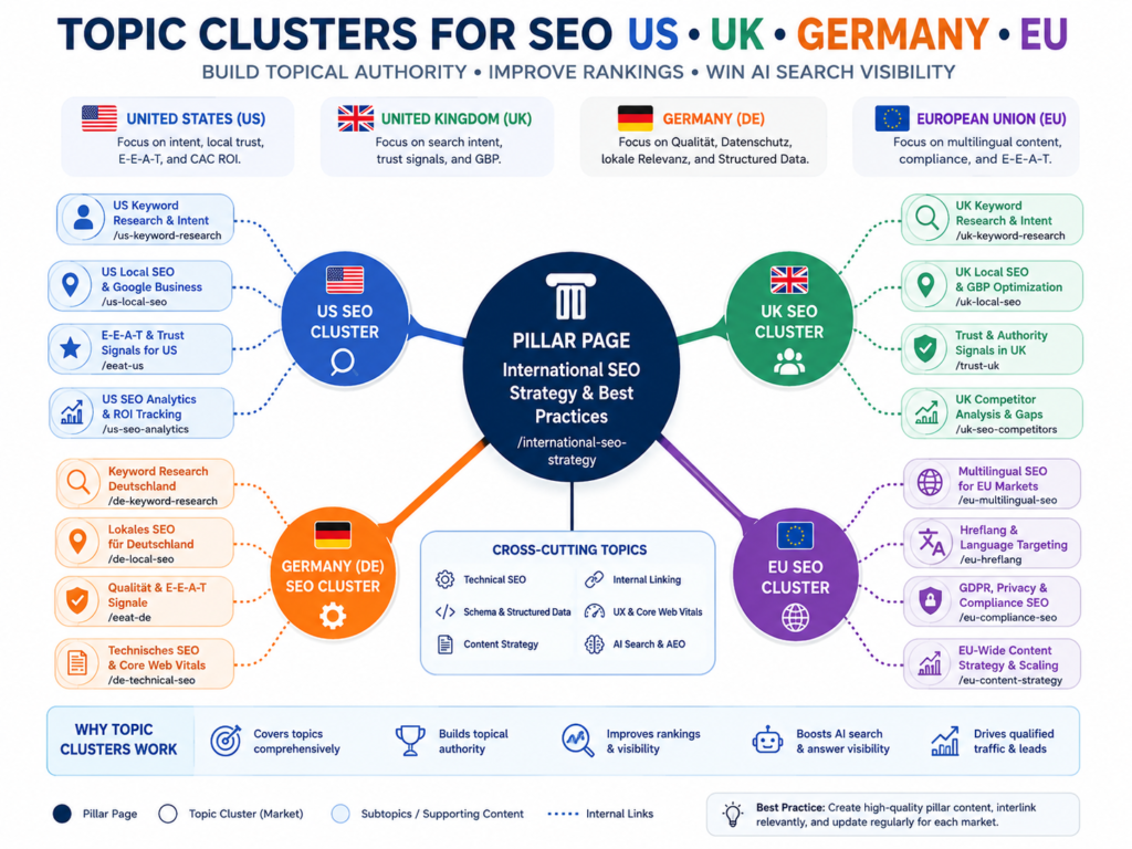 Topic clusters for SEO localized for USA UK Germany and EU markets
