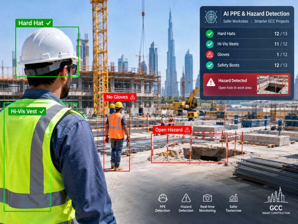 AI construction safety monitoring detecting PPE and site hazards in the GCC
