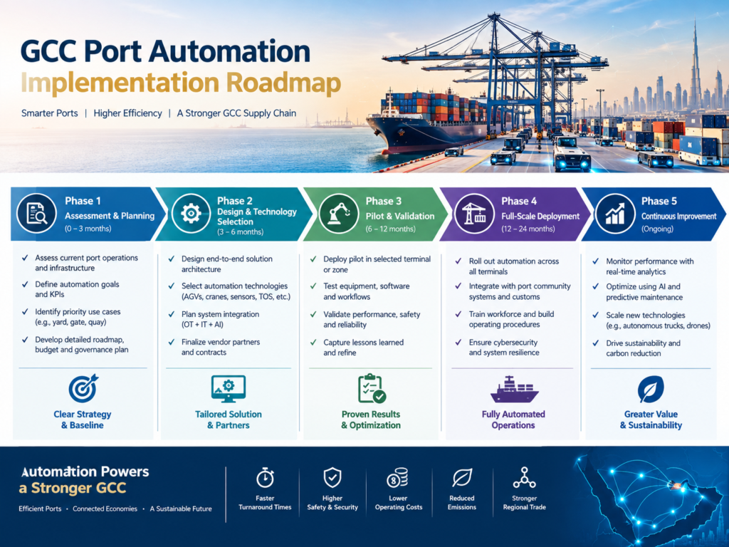 GCC port automation implementation roadmap from pilot to scalable AI and robotics deployment