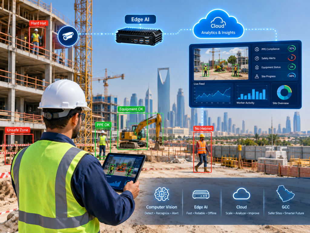 Computer vision in construction using edge AI and cloud monitoring across GCC construction sites