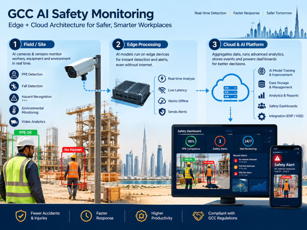 AI construction safety monitoring edge and cloud architecture for GCC sites