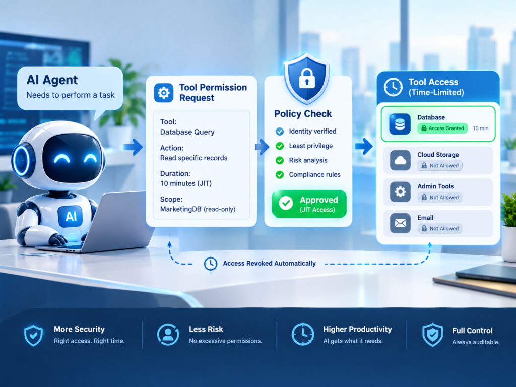 Least privilege for AI agents with scoped tool permissions and JIT access