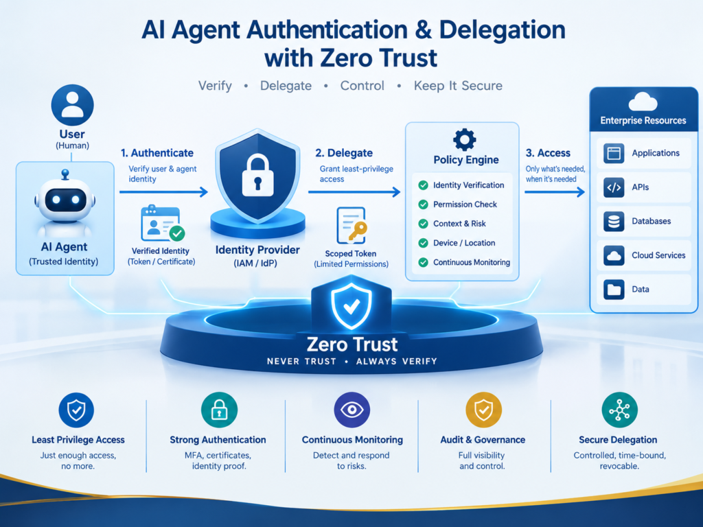 AI agent identity authentication and delegated authorization workflow