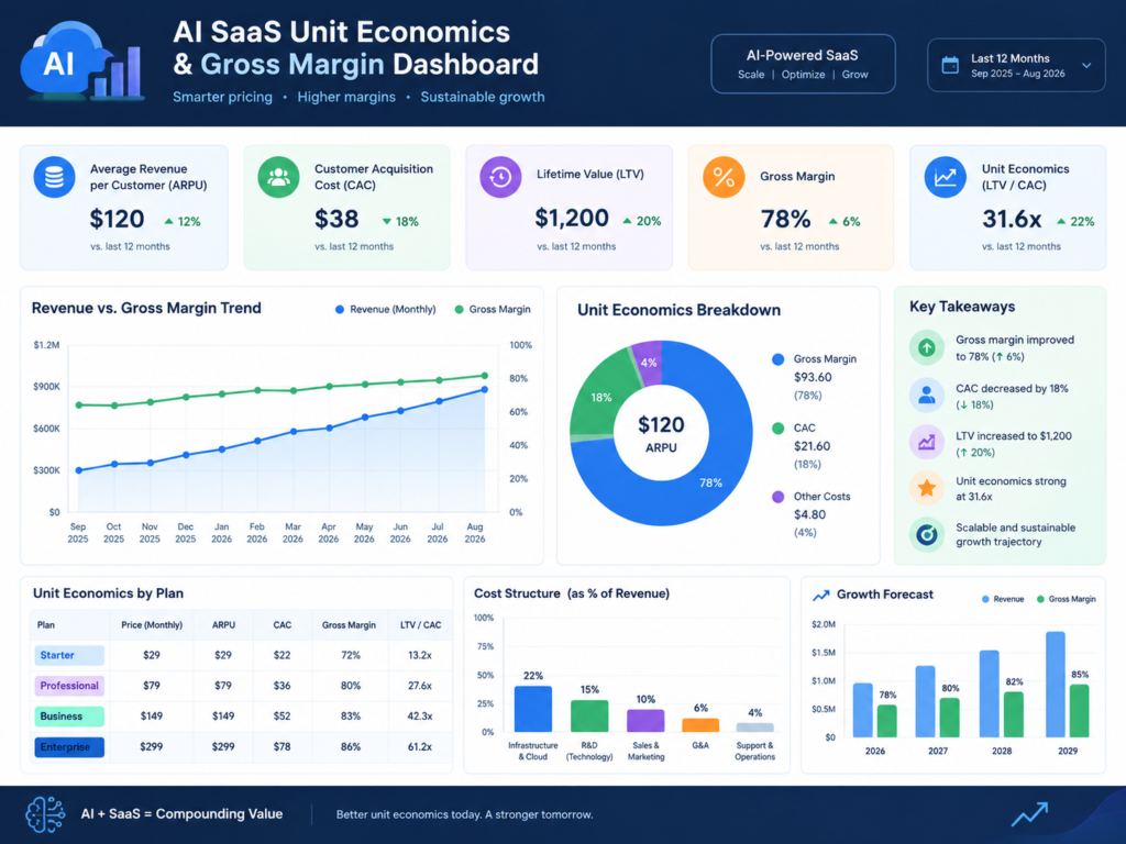 SaaS pricing strategy dashboard showing AI inference costs and gross margin