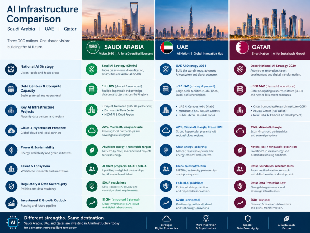 AI data centers Middle East comparison for Saudi Arabia UAE and Qatar