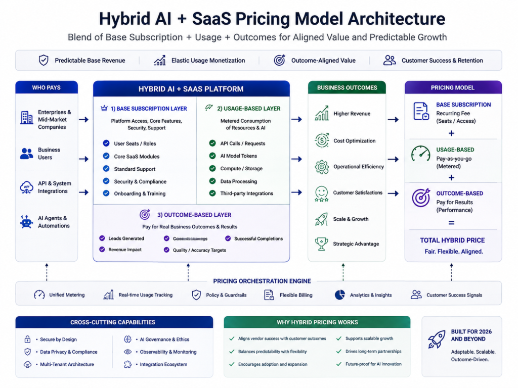 Hybrid outcome-based pricing SaaS architecture with subscription usage credits and outcomes