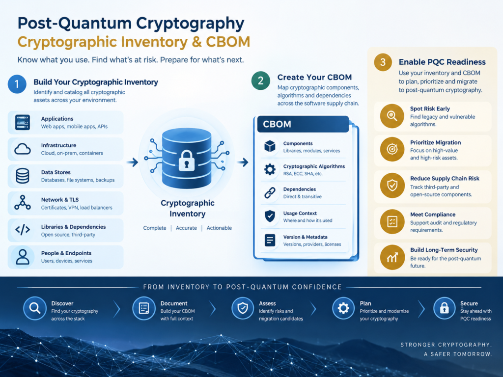 Post-quantum cryptography migration cryptographic inventory and CBOM diagram