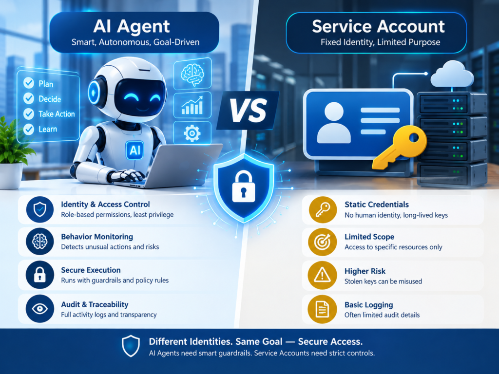 AI agent vs service account non-human identity security comparison