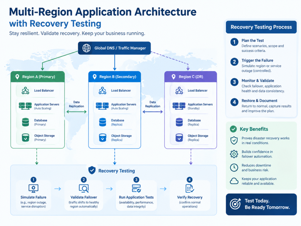 Multi-Region Application Architecture recovery testing dashboard showing RTO and RPO indicators.