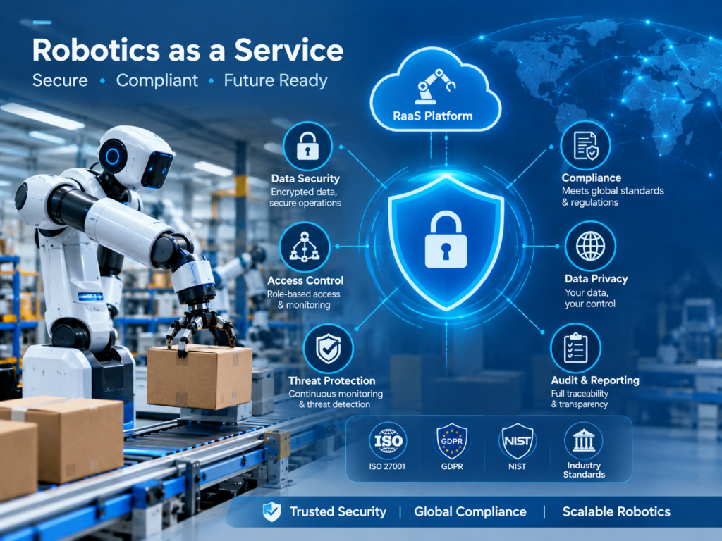 Robotics as a Service implementation with safety checks and industrial cybersecurity monitoring.