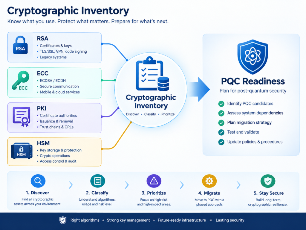 Cryptographic inventory for post-quantum cryptography migration across RSA ECC PKI and HSM systems