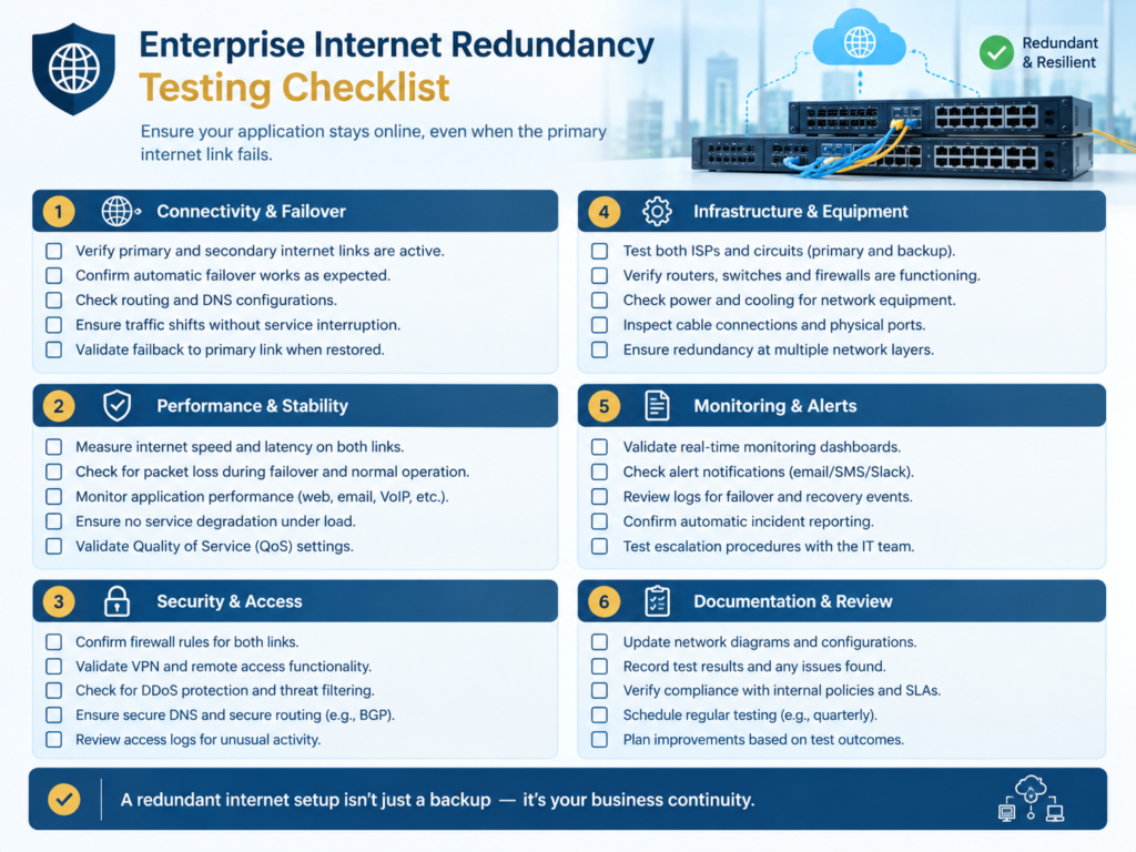 Enterprise internet redundancy monitoring and failover recovery testing