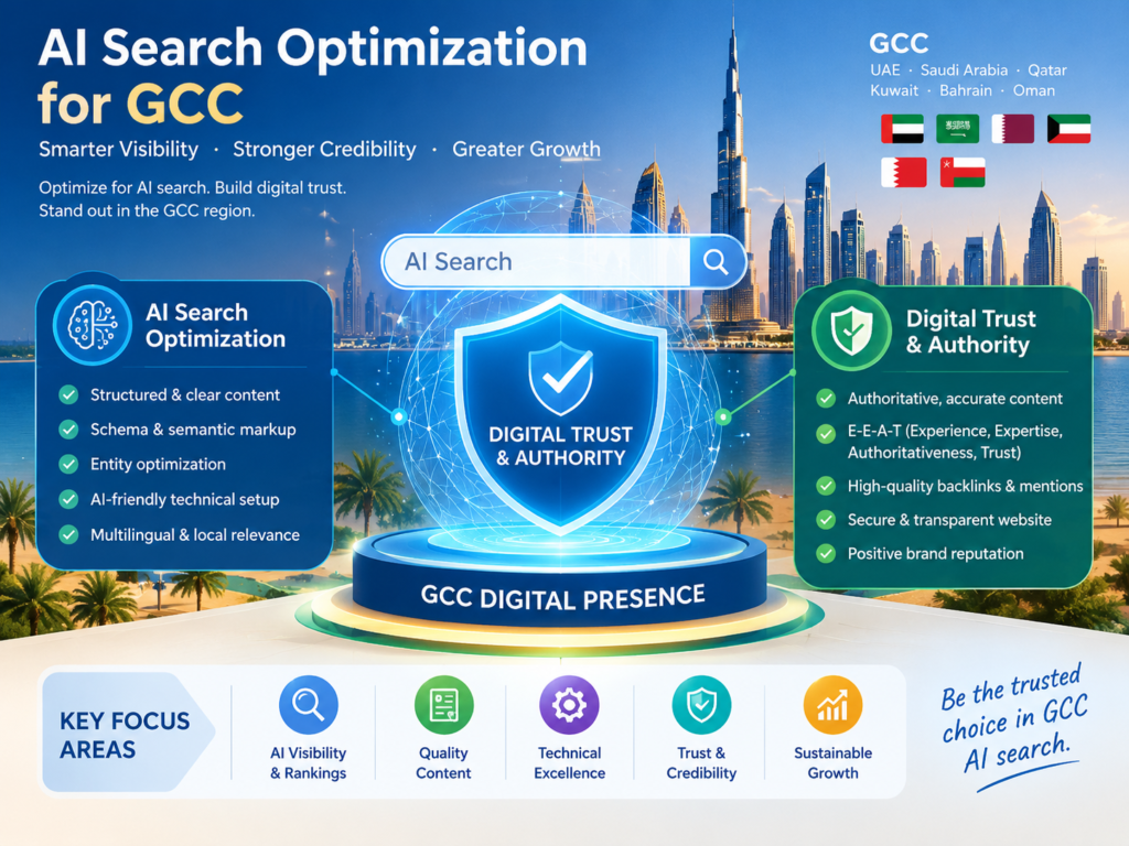 AI Search Optimization GCC helping businesses in Saudi Arabia, UAE and Qatar build digital trust, brand authority and AI search visibility.