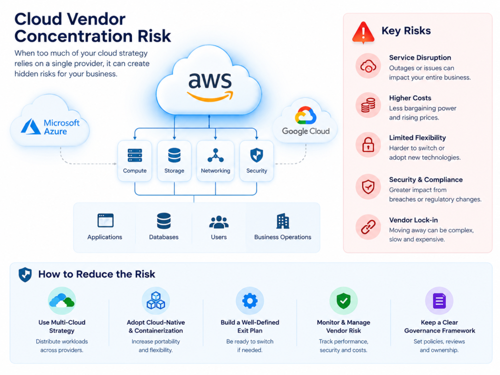 Cloud vendor concentration risk comparison between single-cloud, multi-cloud and hybrid-cloud architectures.