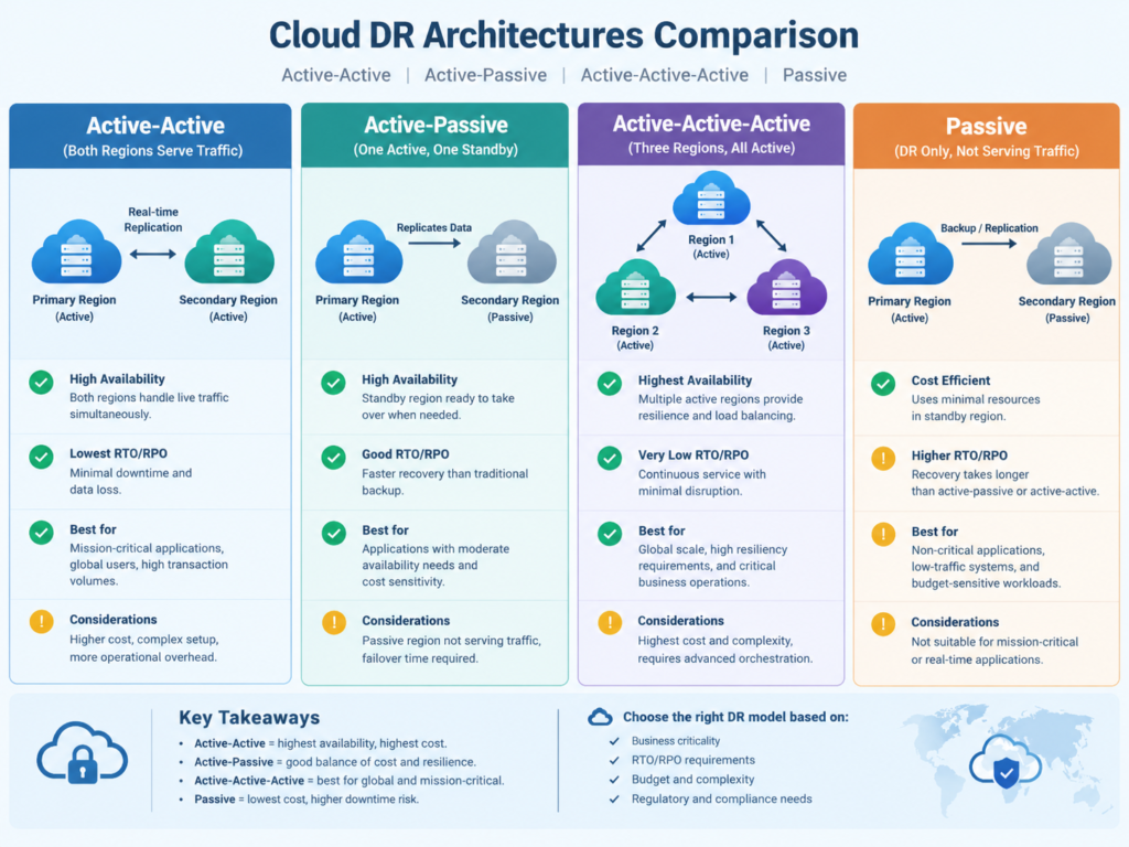 Cloud disaster recovery solutions in the Middle East comparing active-active and active-passive designs.