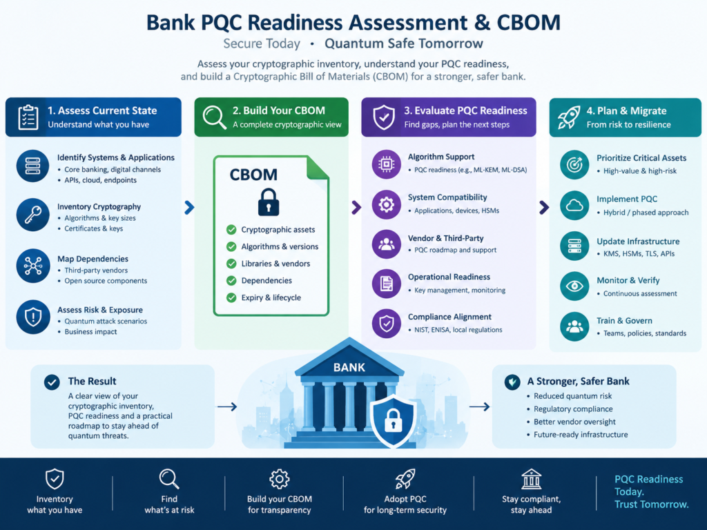 Post-quantum cryptography for financial services readiness dashboard and cryptographic inventory.