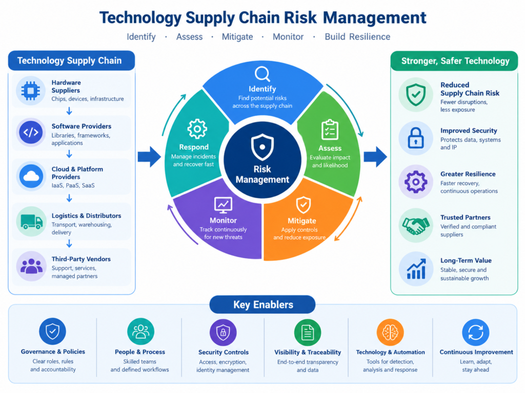 Technology supply chain risk management diagram showing connected suppliers.