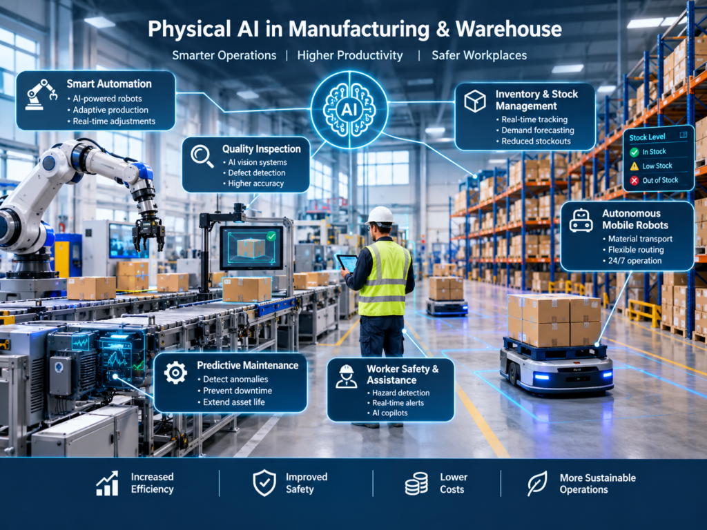 Physical AI robots supporting manufacturing automation and warehouse material handling.