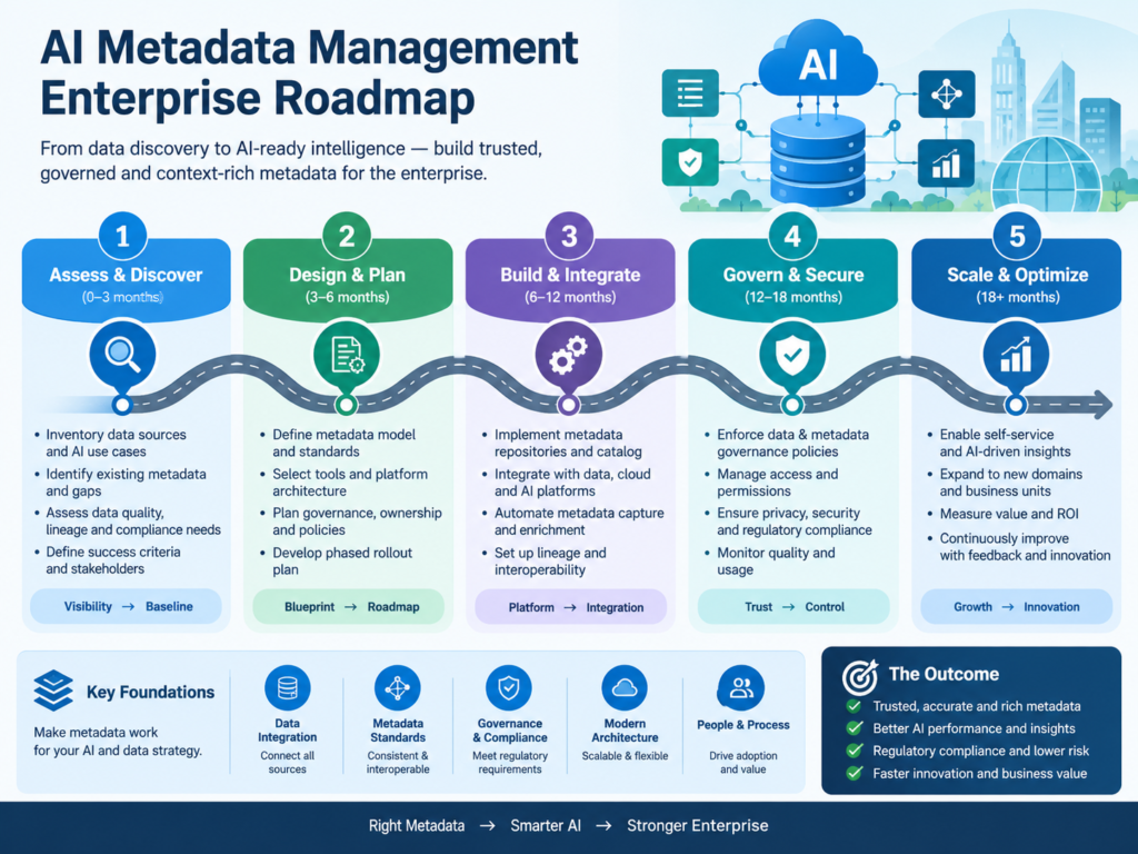 AI metadata management roadmap showing enterprise data inventory, governance integration, and continuous monitoring