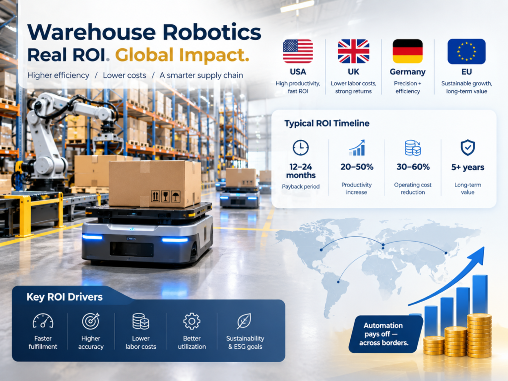 Warehouse robotics ROI considerations for automated logistics facilities in the USA, UK, Germany and EU.