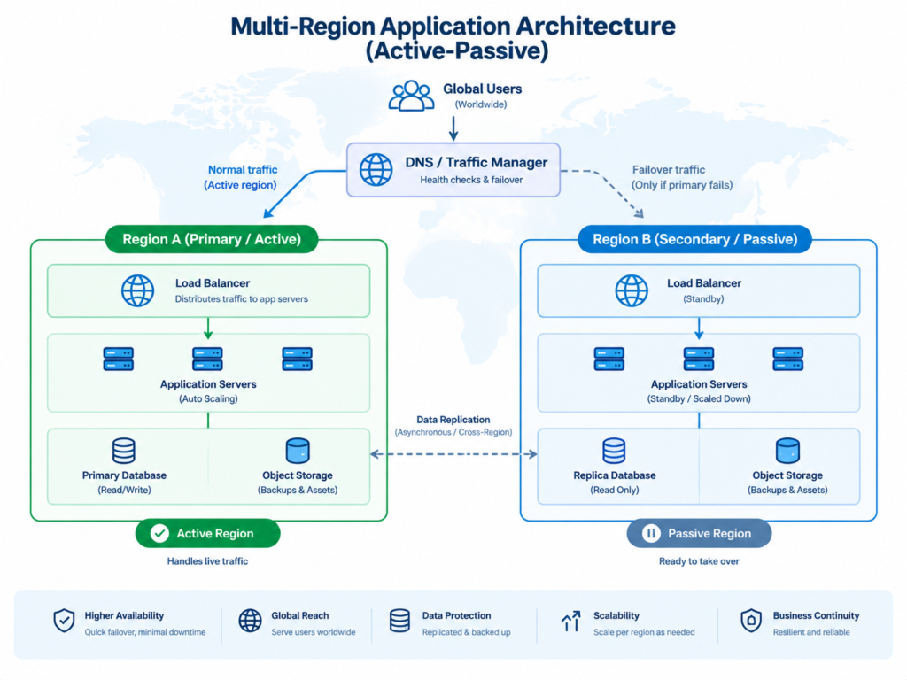 Multi-Region Application Architecture active-active versus active-passive comparison.