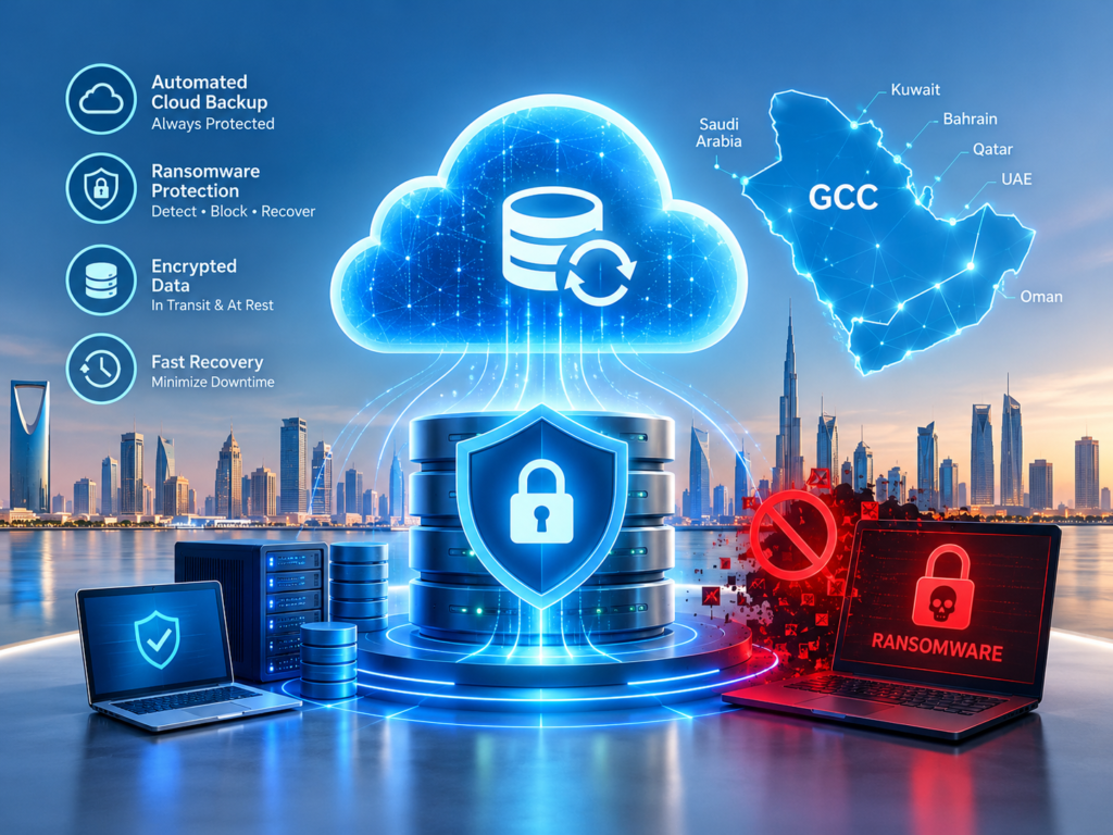 Secure data backup location in GCC with encryption and ransomware protection.