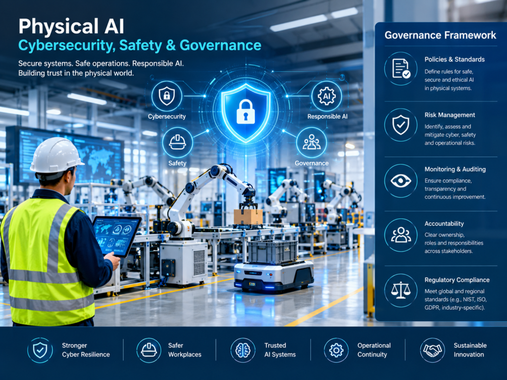 Physical AI cybersecurity monitoring, industrial robot safety, and enterprise IT governance.
