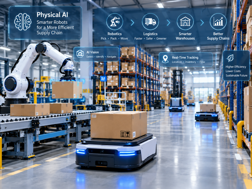Physical AI vs traditional robotics applications in automated warehouse picking and logistics.
