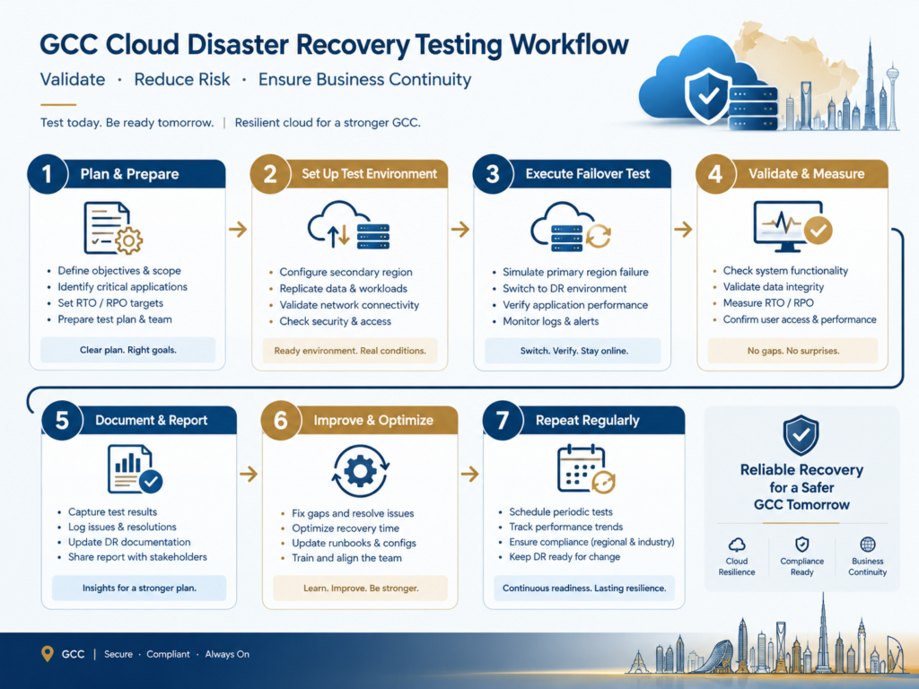 Cloud disaster recovery solutions in the Middle East with testing, monitoring and recovery validation.