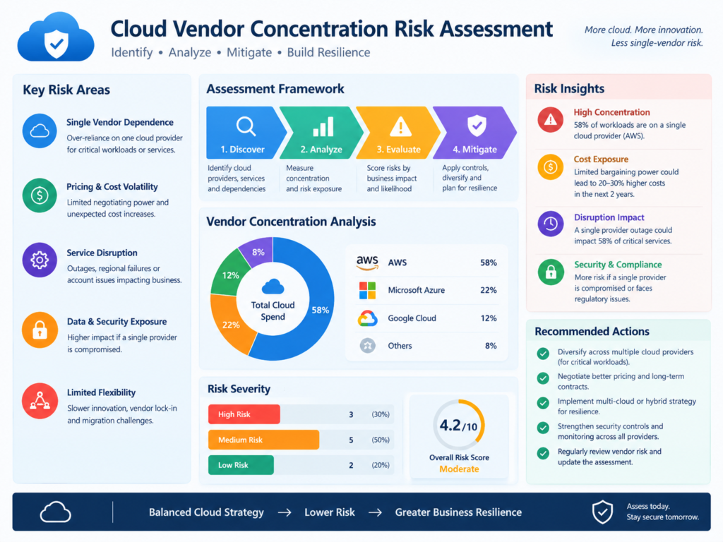 Cloud vendor concentration risk assessment using dependency mapping and business impact scoring.