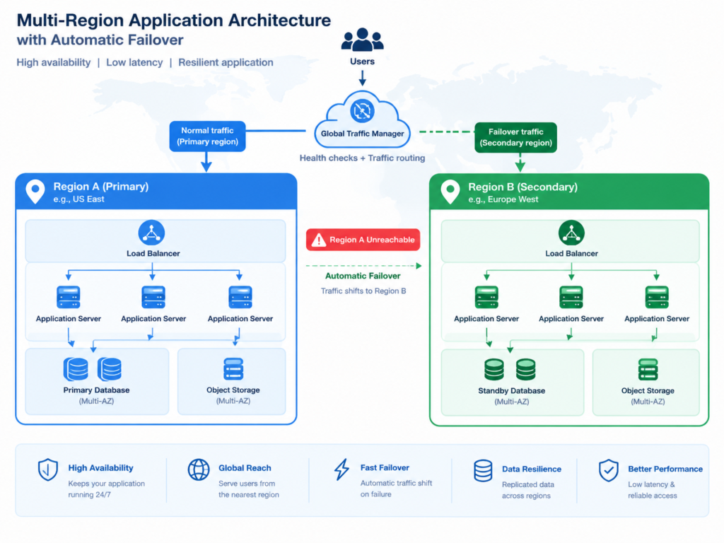 Multi-Region Application Architecture with database replication and automated cloud failover.