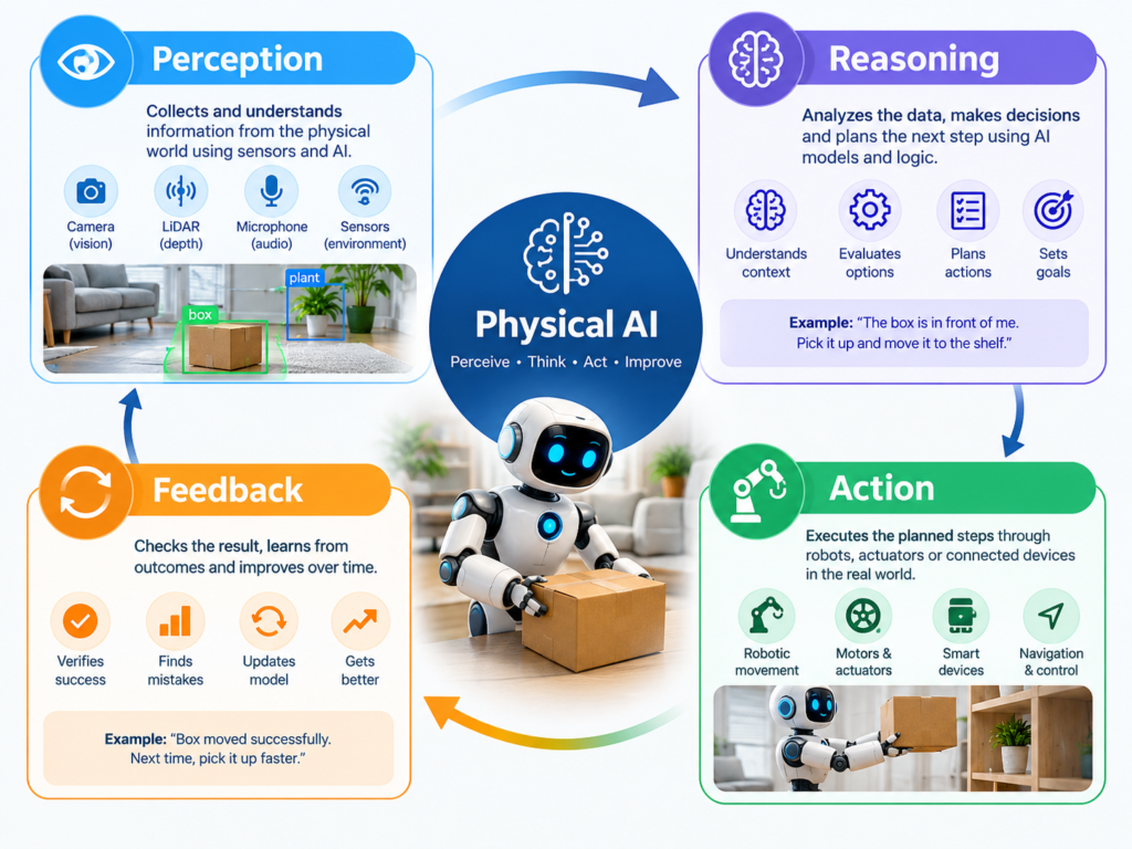 Physical AI vs traditional robotics architecture showing the perception, reasoning, action, and feedback cycle.