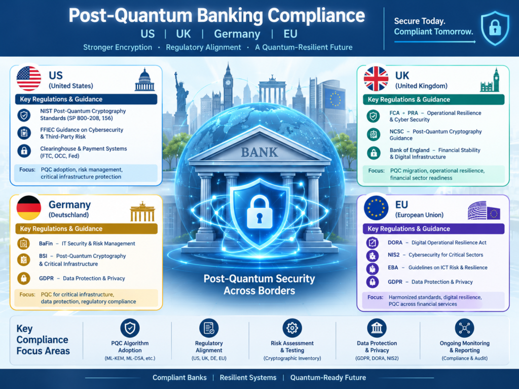 Post-quantum cryptography for financial services compliance across the USA, UK, Germany and EU.