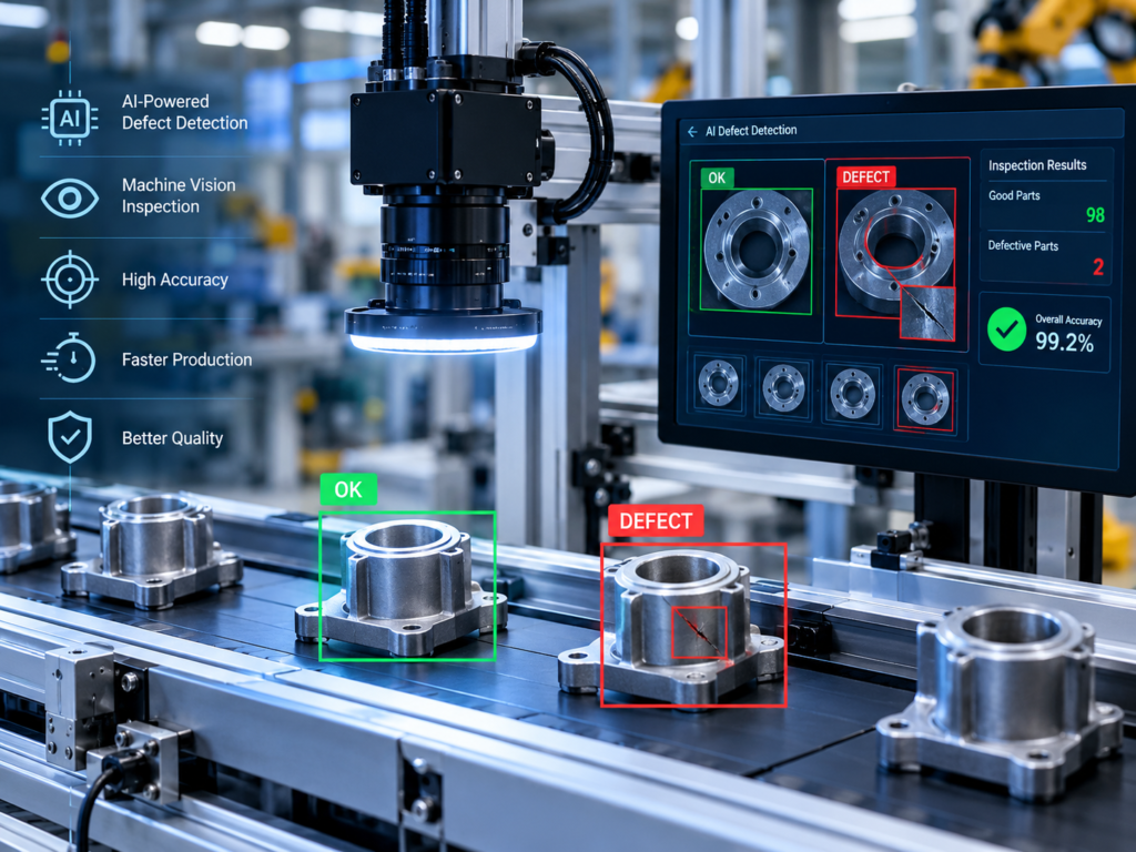 AI-powered computer vision for quality control highlighting scratches and surface defects.