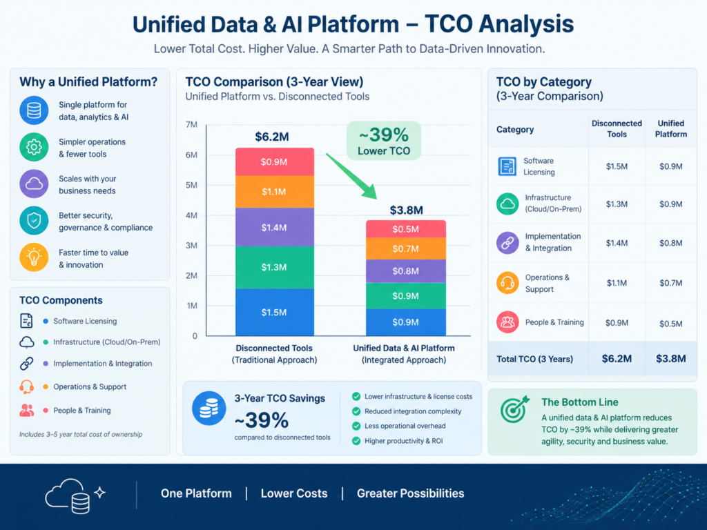Unified data and AI platform total cost comparison across infrastructure, licensing, migration, and operations.