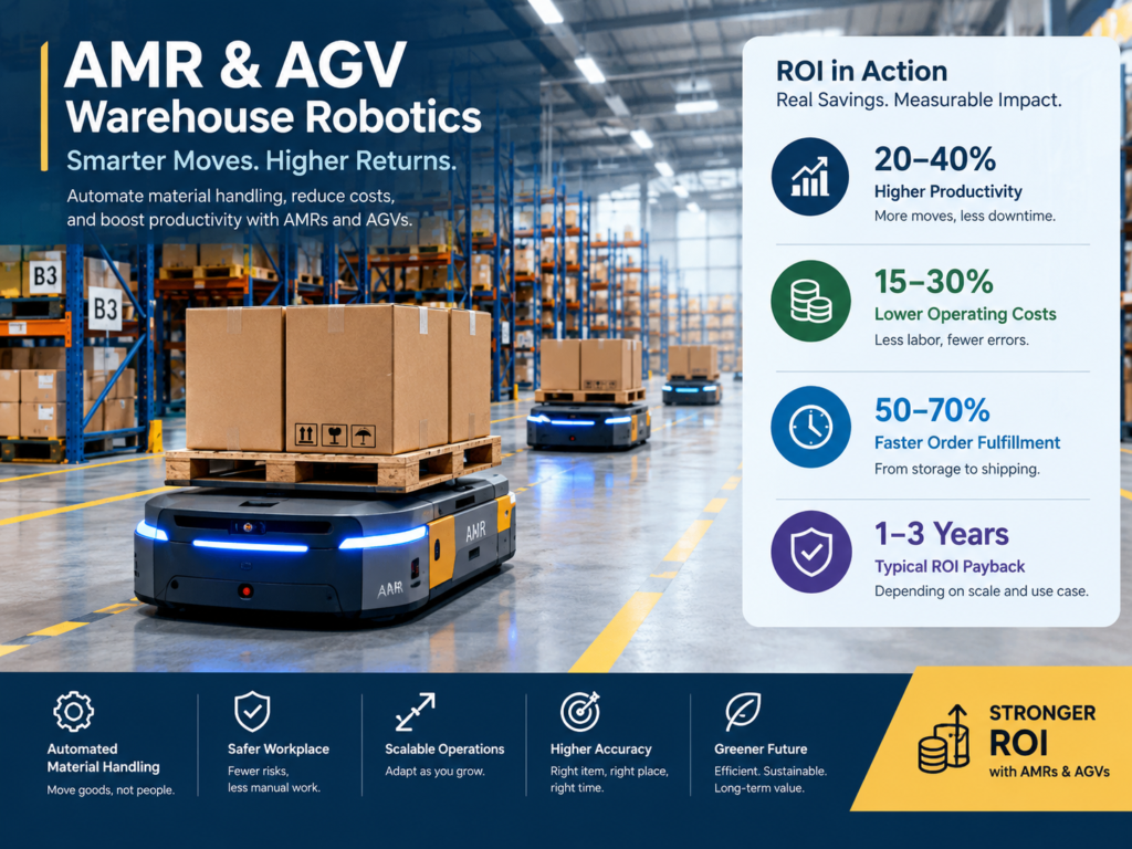 Warehouse robotics ROI comparison of AMRs, AGVs and automated picking systems.