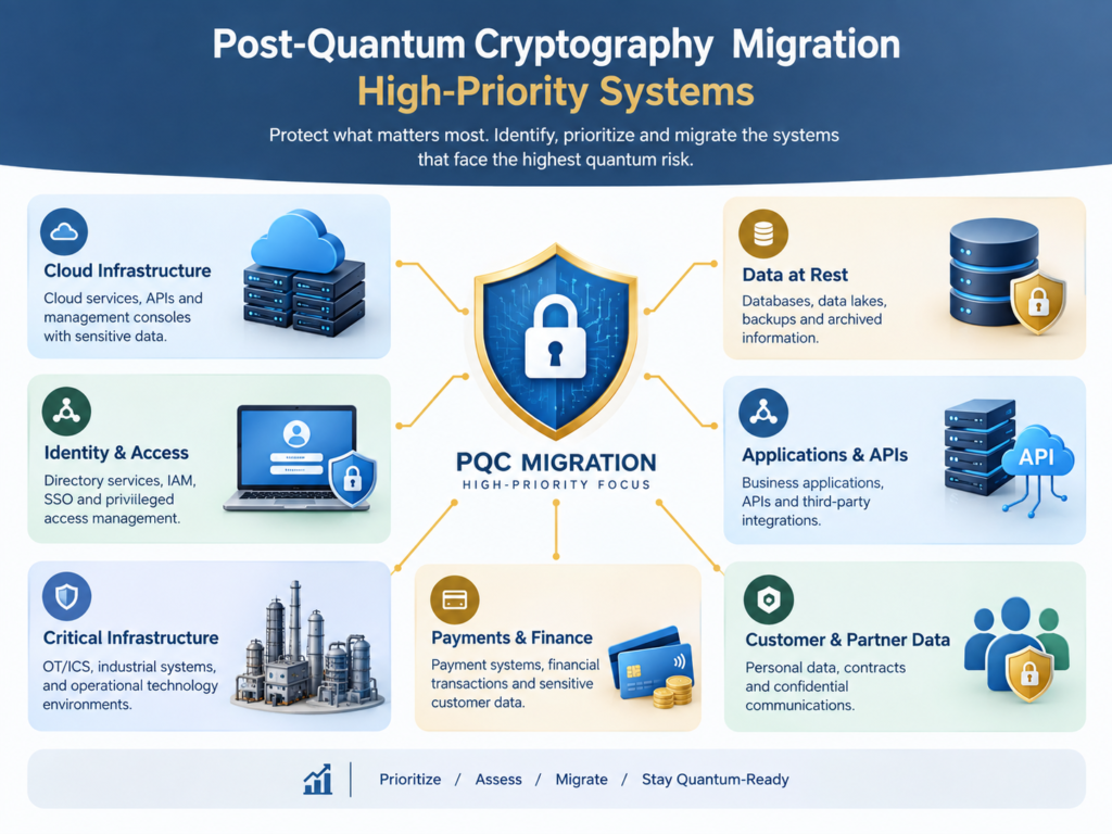Post-quantum cryptography migration for high-priority data PKI TLS and identity systems