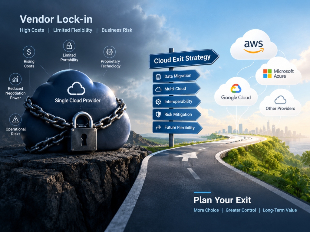 Cloud exit strategy diagram comparing vendor lock-in and portable multi-cloud architecture.