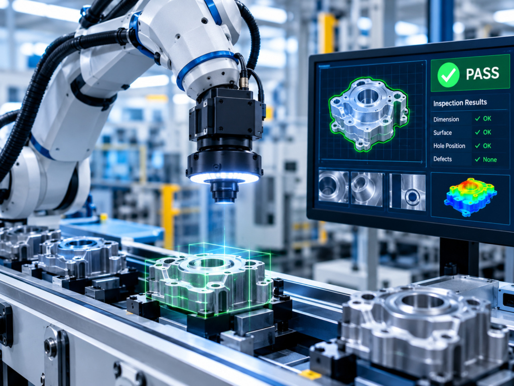 Robotic 3D inspection using computer vision for quality control in precision manufacturing.
